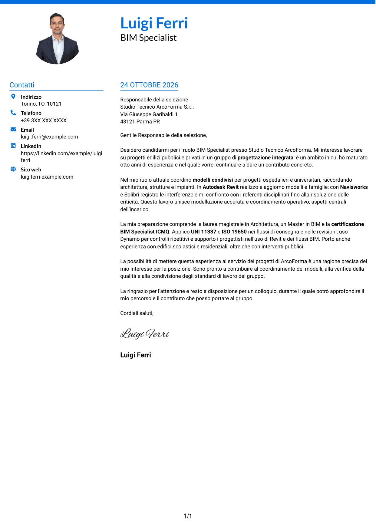 Lettera di presentazione Audace (formato a due colonne con accenti colorati e foto): BIM Specialist - Modellazione e coordinamento, pagina 1