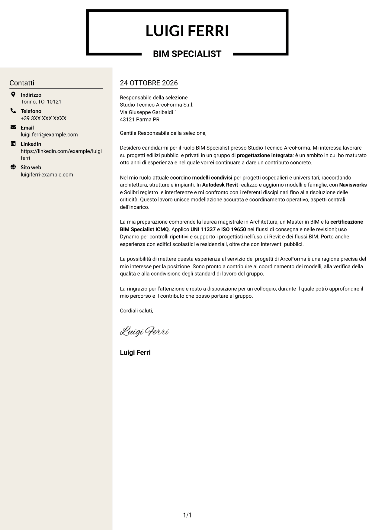 Lettera di presentazione Intraprendente (formato a due colonne con intestazione centrata senza foto): BIM Specialist - Modellazione e coordinamento, pagina 1