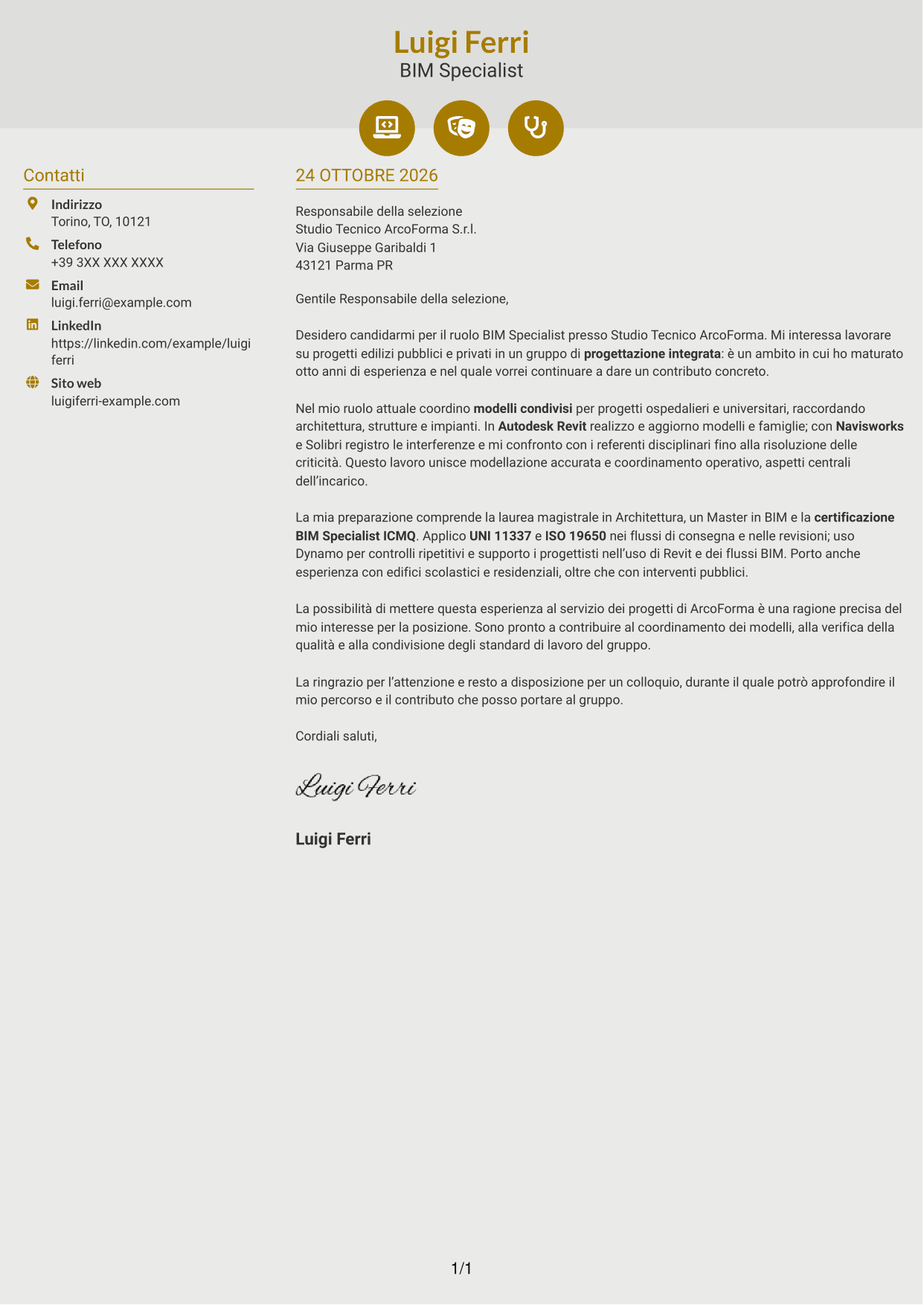 Lettera di presentazione Dinamico (formato a due colonne con icone): BIM Specialist - Modellazione e coordinamento, pagina 1