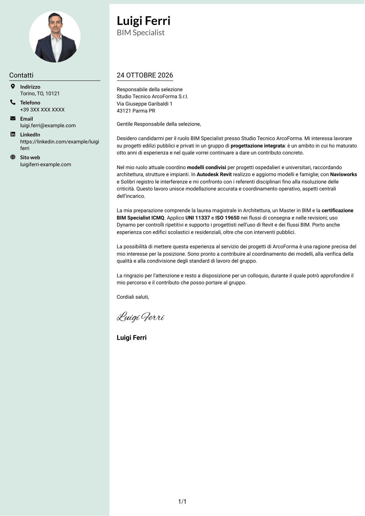 Lettera di presentazione Dirigente (formato con colonna laterale tenue e foto arrotondata): BIM Specialist - Modellazione e coordinamento, pagina 1