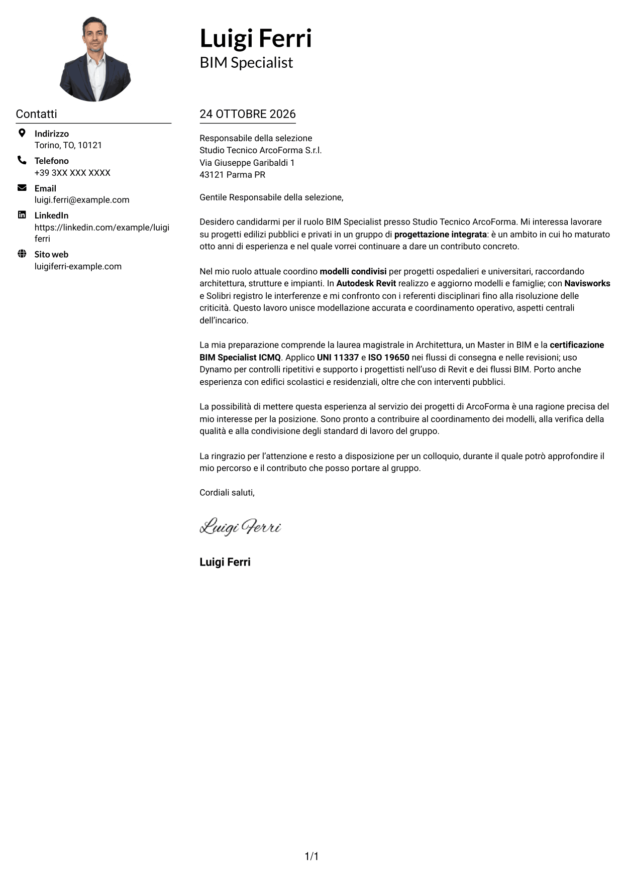 Esempio di lettera di presentazione — pagina 1