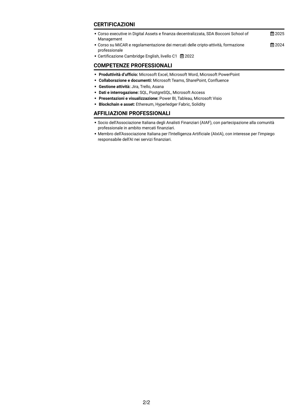 CV Compatto (formato sobrio a due colonne con foto): Business Analyst - Progetti Digital Asset, pagina 2