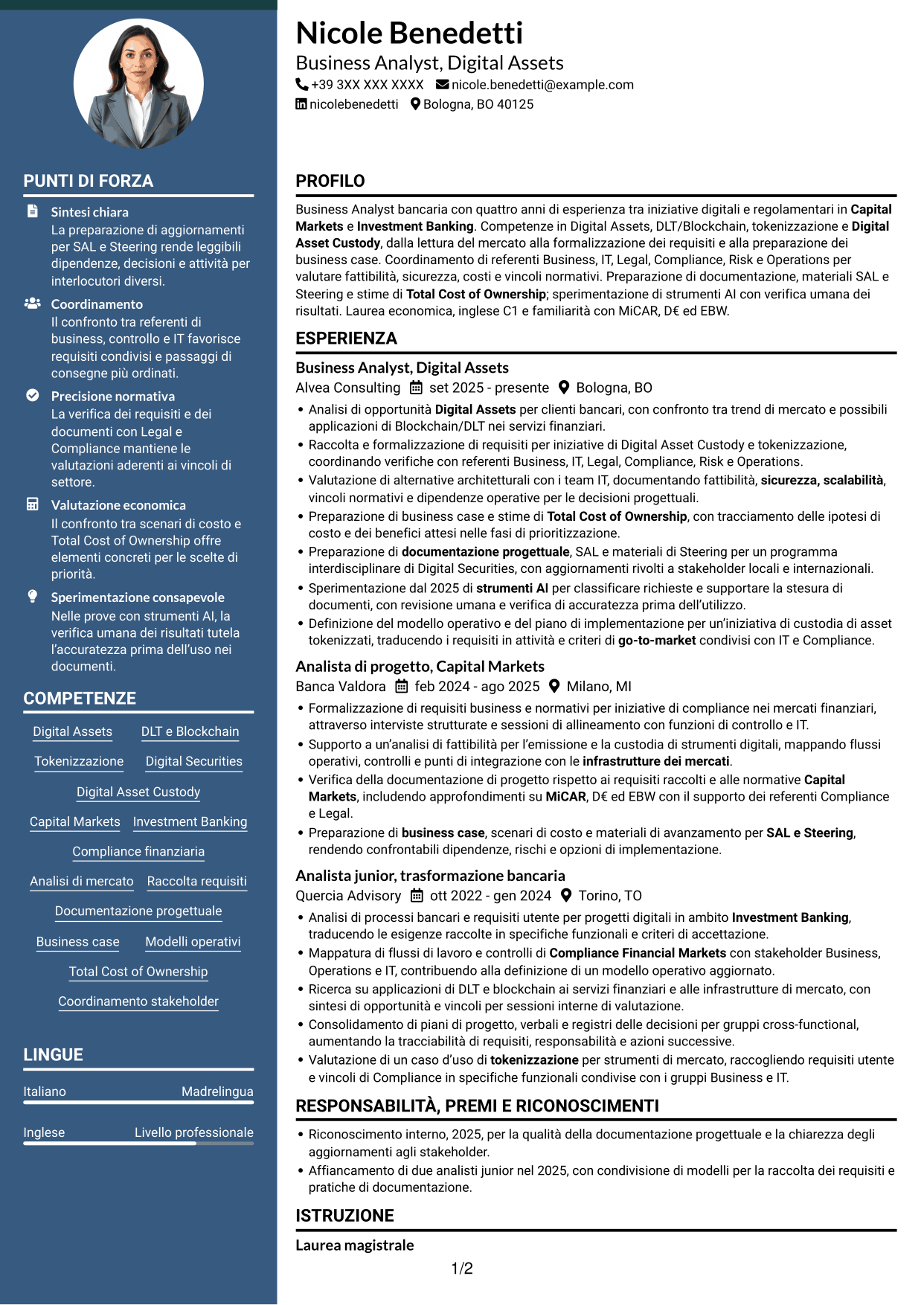 CV Elegante (formato con colonna laterale colorata e foto): Business Analyst - Progetti Digital Asset, pagina 1