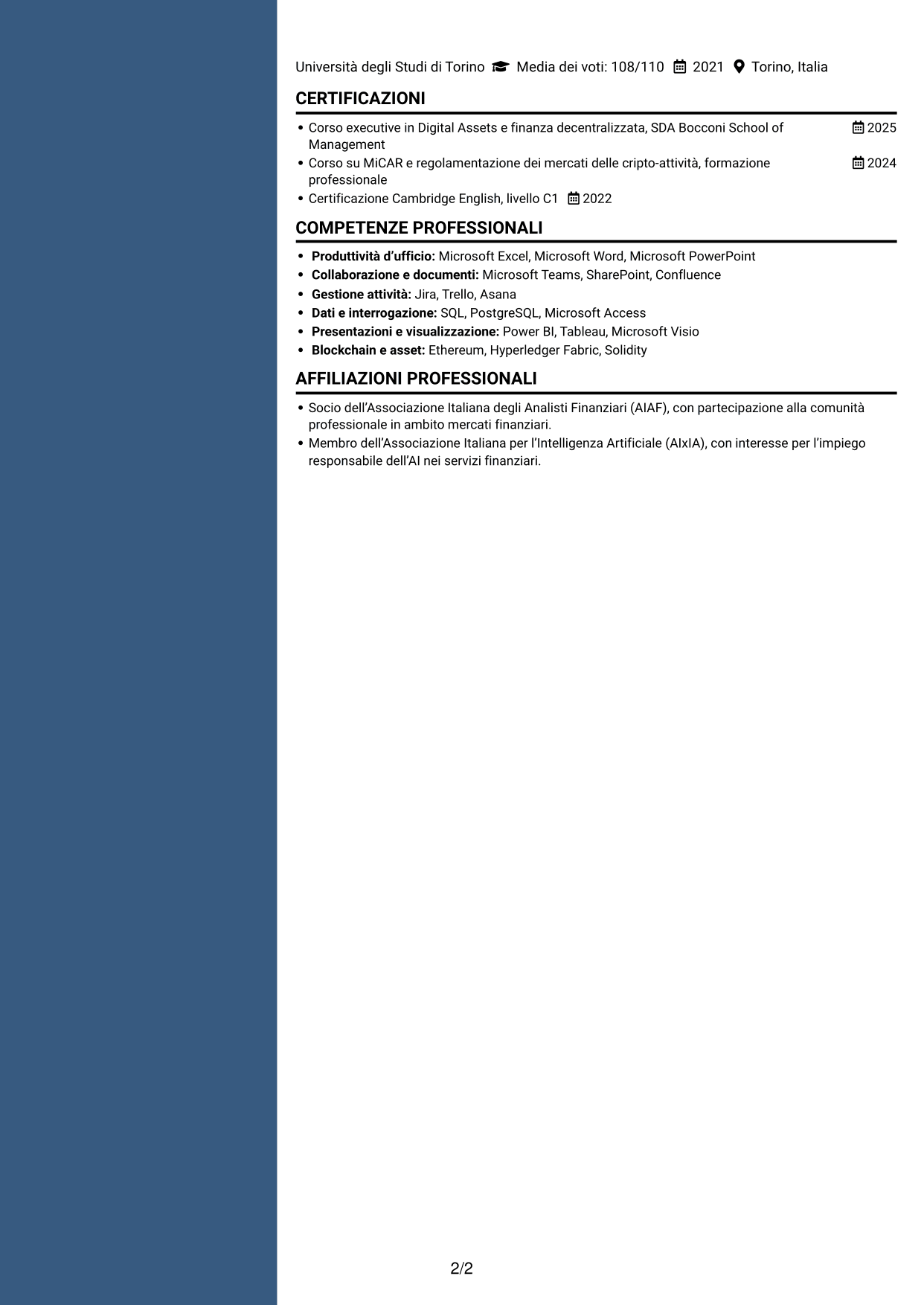 CV Elegante (formato con colonna laterale colorata e foto): Business Analyst - Progetti Digital Asset, pagina 2