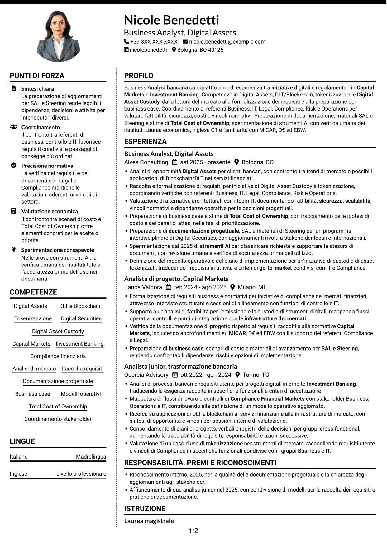 CV Moderno (formato a due colonne con foto a sinistra e separatore): Business Analyst - Progetti Digital Asset, pagina 1