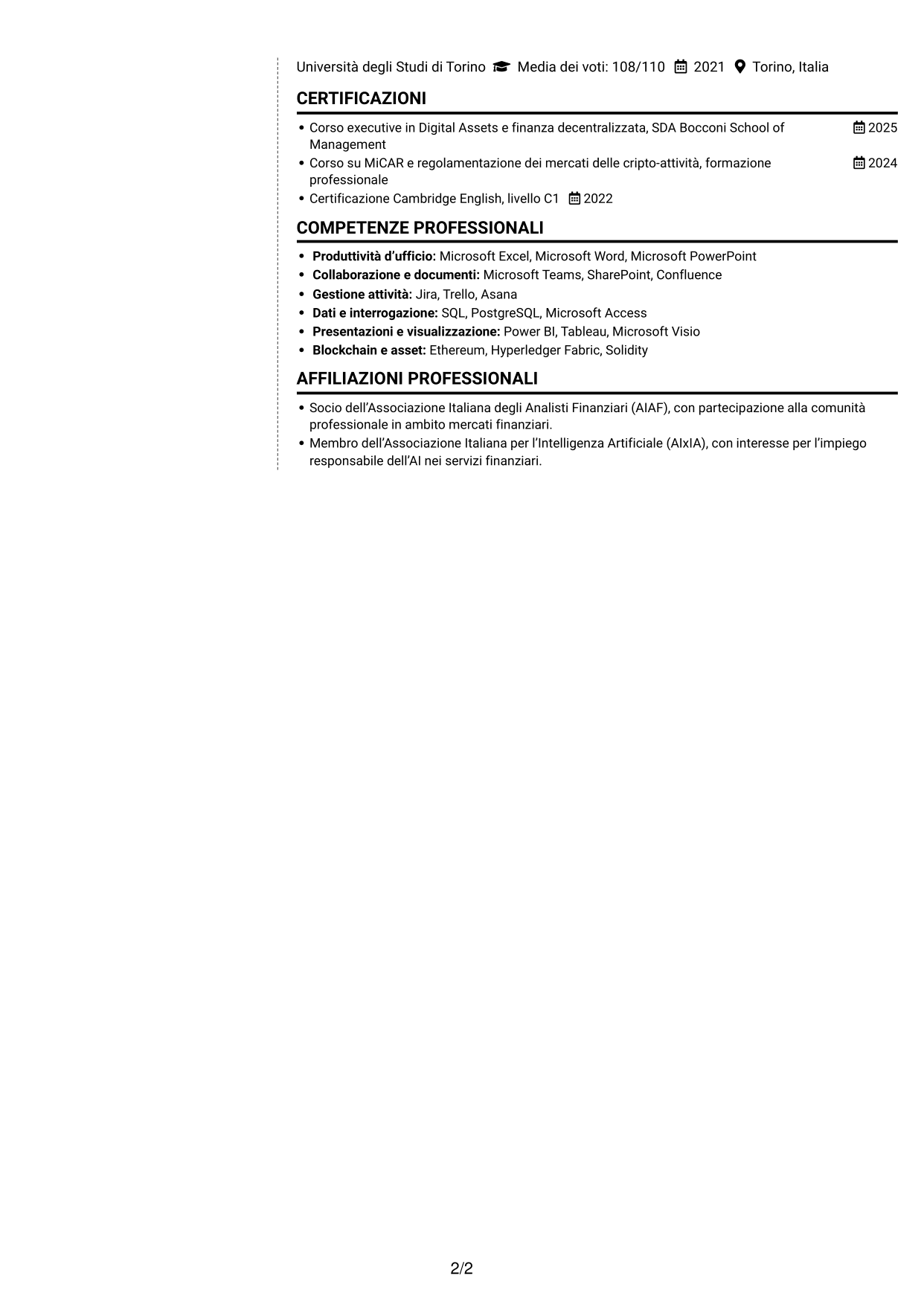 CV Moderno (formato a due colonne con foto a sinistra e separatore): Business Analyst - Progetti Digital Asset, pagina 2