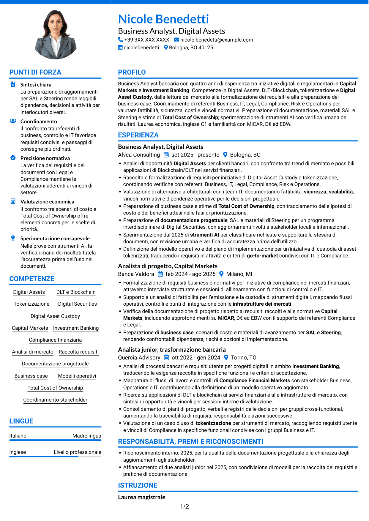 CV Audace (formato a due colonne con accenti colorati e foto): Business Analyst - Progetti Digital Asset, pagina 1