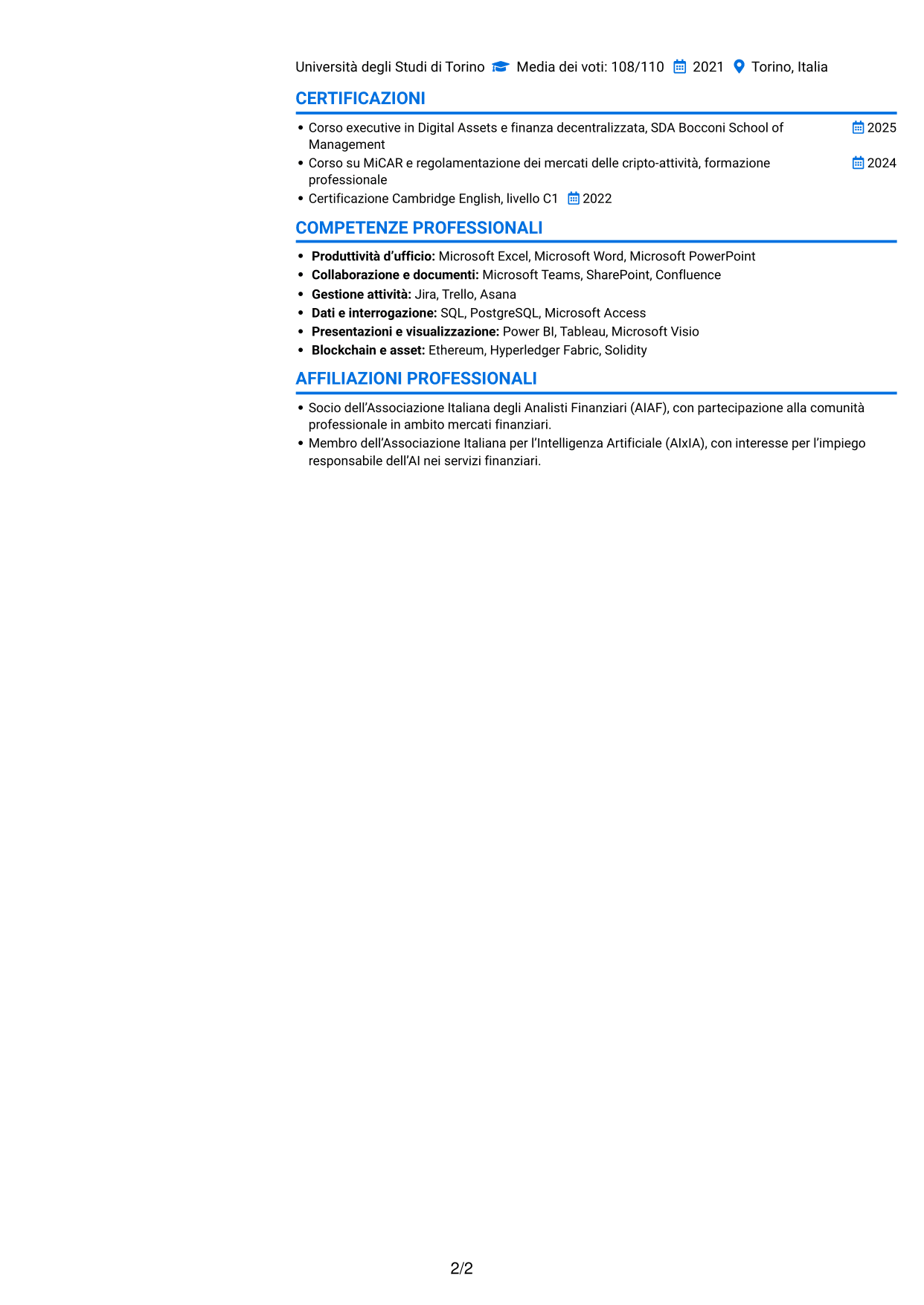 CV Audace (formato a due colonne con accenti colorati e foto): Business Analyst - Progetti Digital Asset, pagina 2