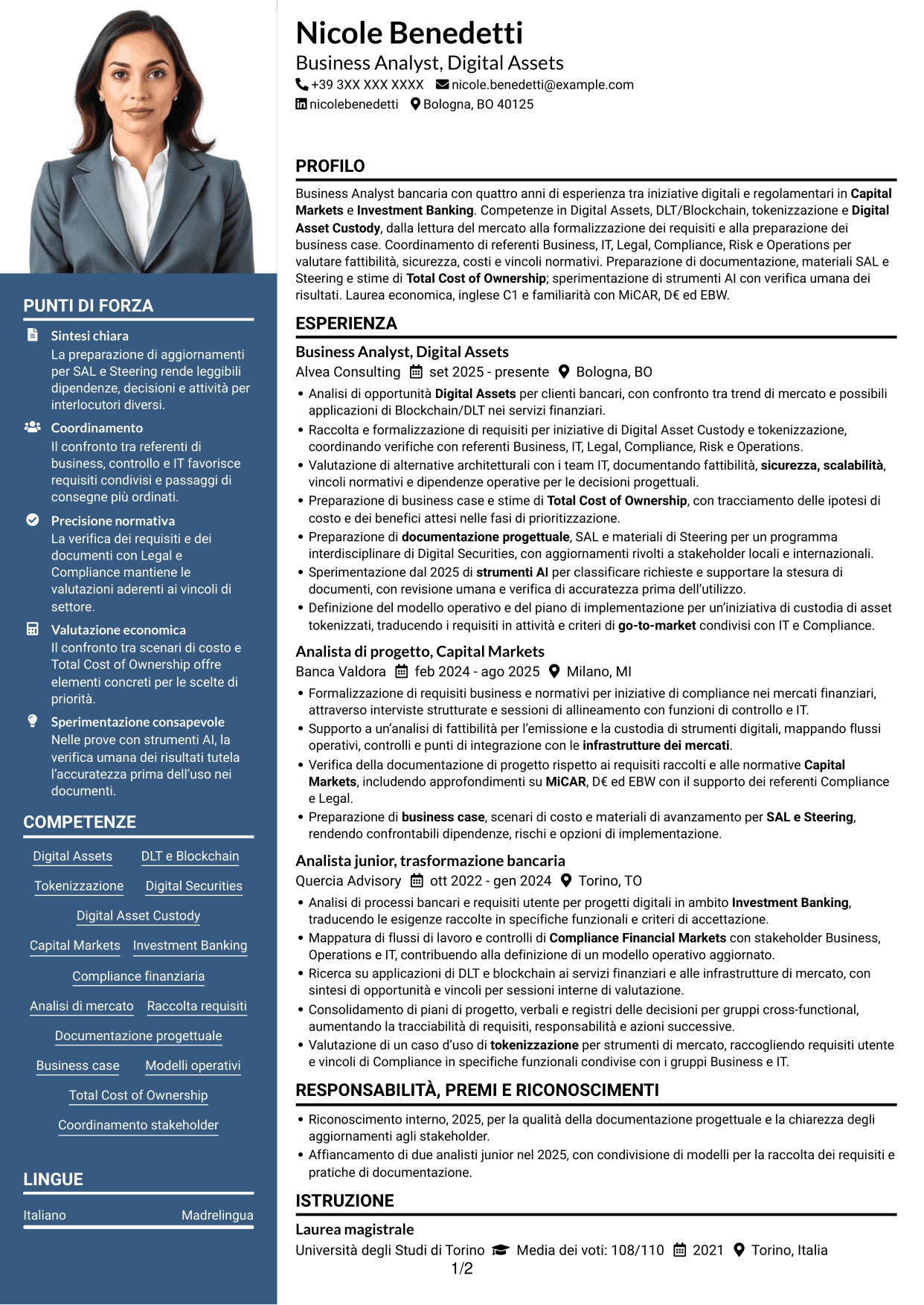 CV Signature (formato con colonna laterale colorata e foto grande): Business Analyst - Progetti Digital Asset, pagina 1