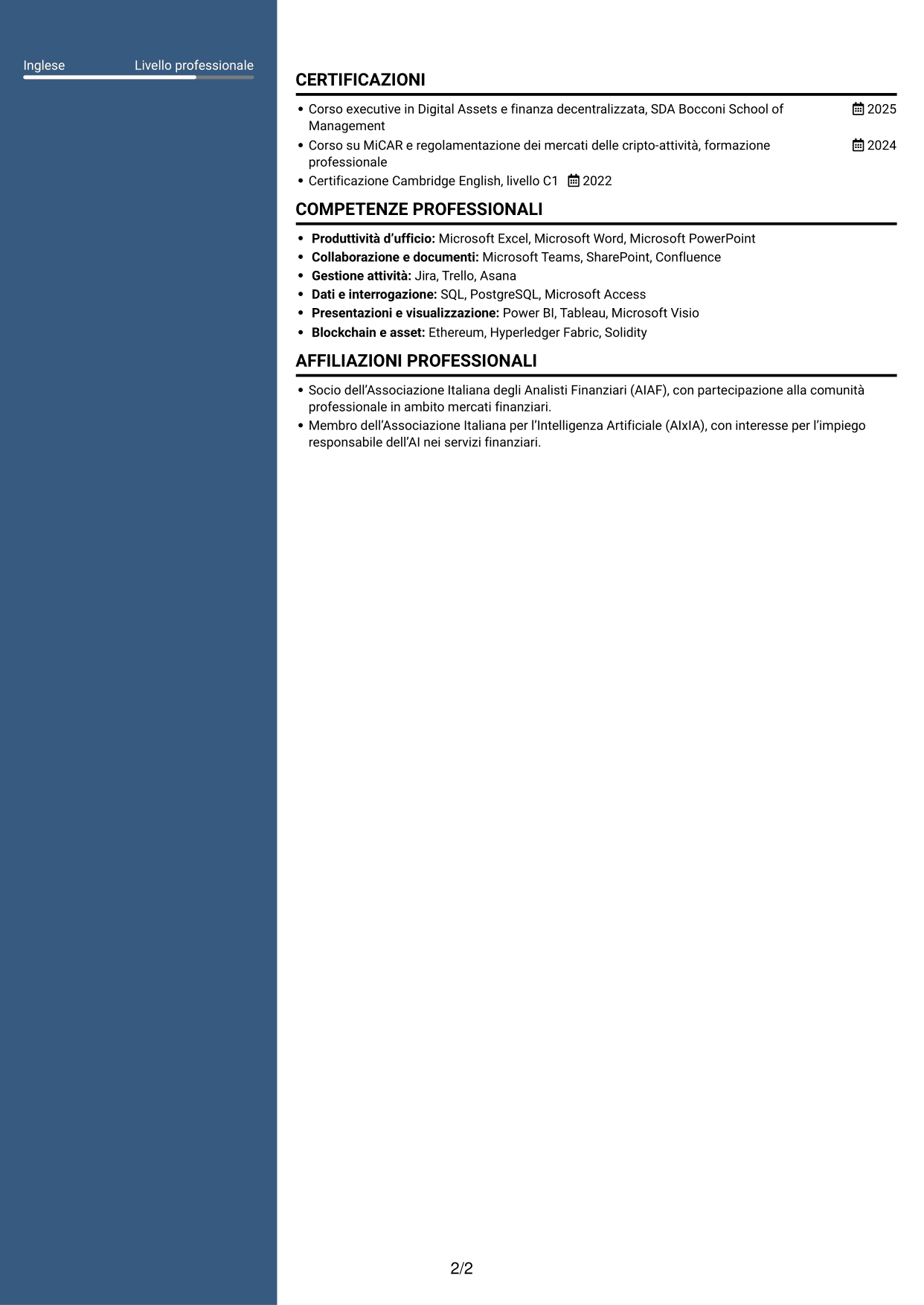 CV Signature (formato con colonna laterale colorata e foto grande): Business Analyst - Progetti Digital Asset, pagina 2