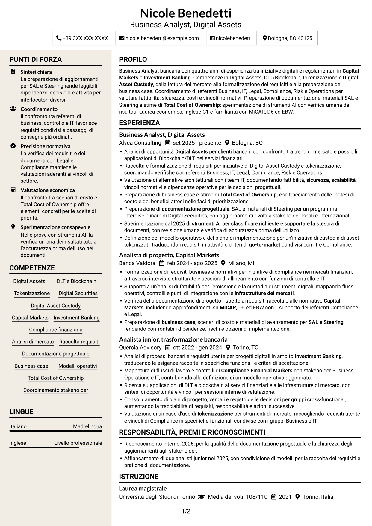 CV Intraprendente (formato a due colonne con intestazione centrata senza foto): Business Analyst - Progetti Digital Asset, pagina 1