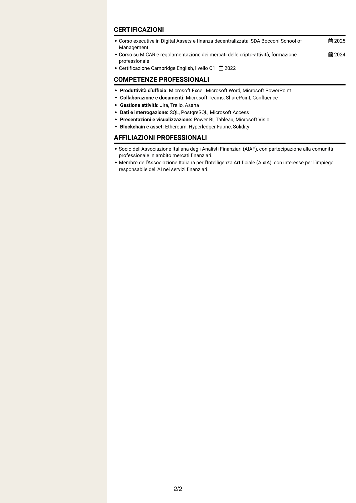 CV Intraprendente (formato a due colonne con intestazione centrata senza foto): Business Analyst - Progetti Digital Asset, pagina 2