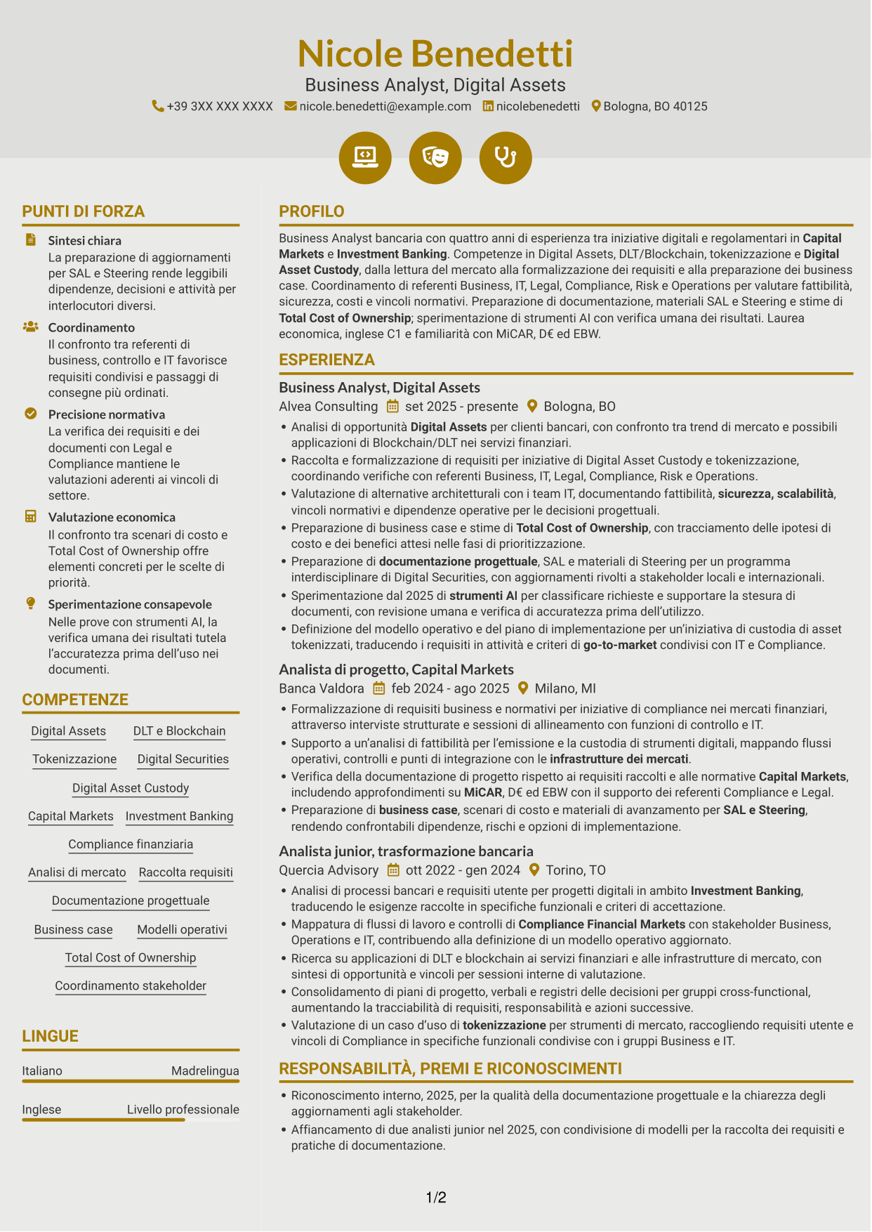 CV Dinamico (formato a due colonne con icone): Business Analyst - Progetti Digital Asset, pagina 1