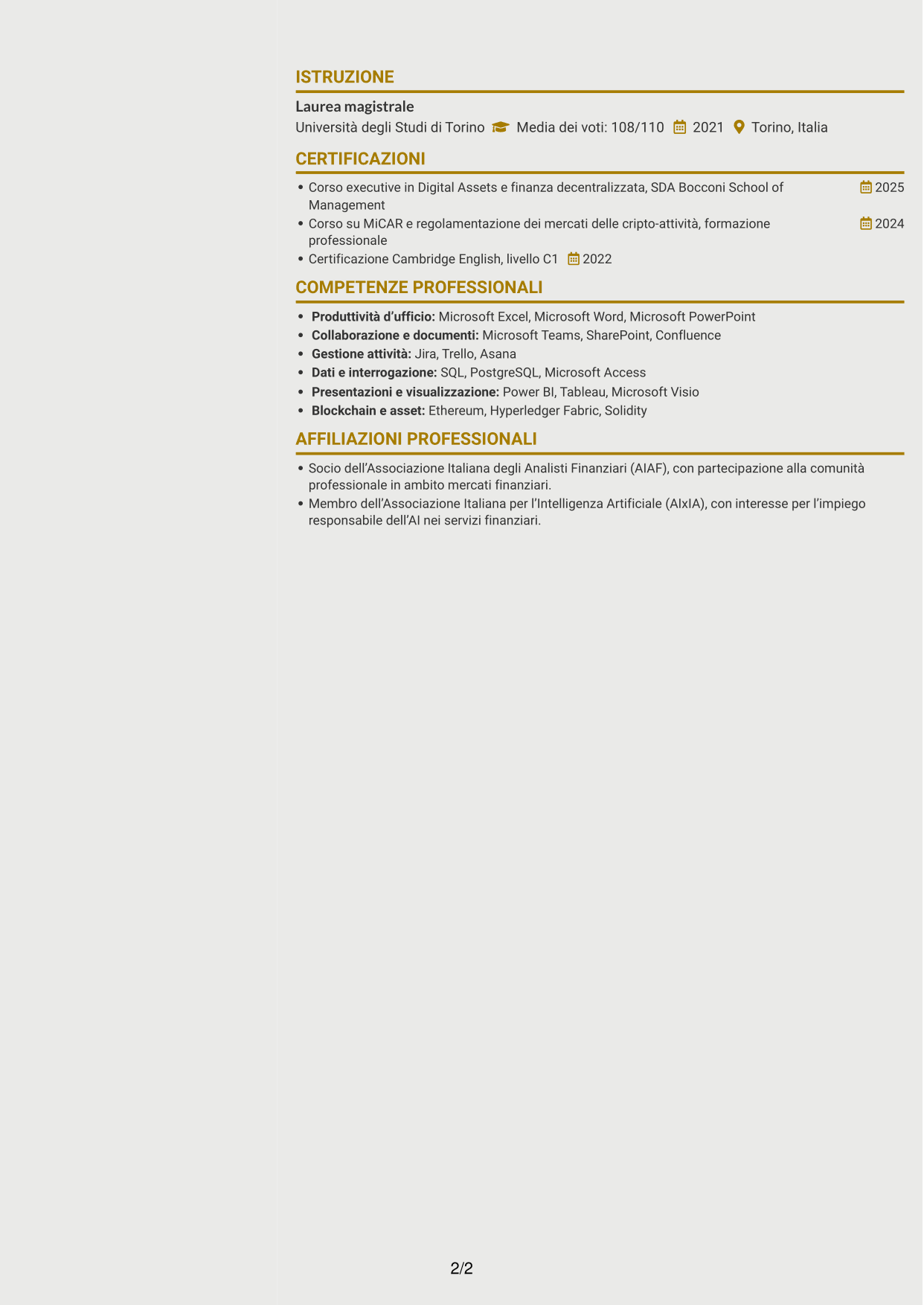CV Dinamico (formato a due colonne con icone): Business Analyst - Progetti Digital Asset, pagina 2