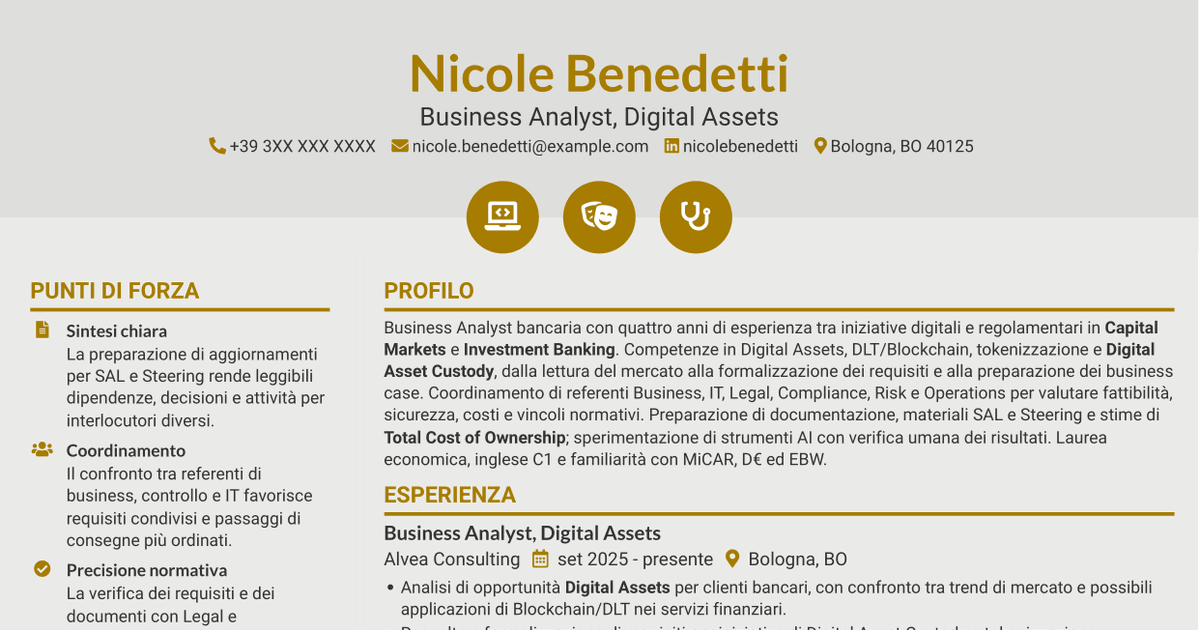 7 modelli di CV per Business Analyst - Progetti Digital Asset, con esempi