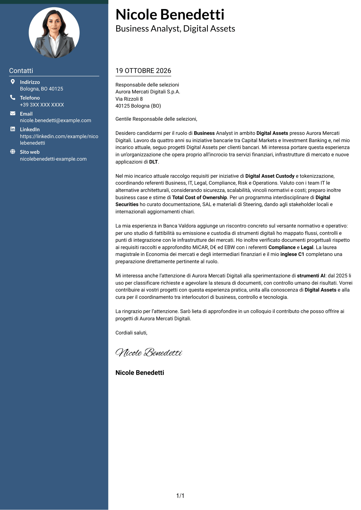 Lettera di presentazione Elegante (formato con colonna laterale colorata e foto): Business Analyst - Progetti Digital Asset, pagina 1