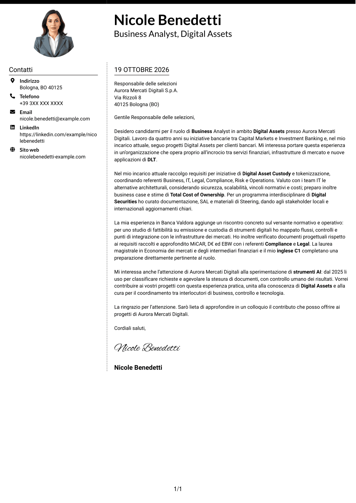 Lettera di presentazione Moderno (formato a due colonne con foto a sinistra e separatore): Business Analyst - Progetti Digital Asset, pagina 1