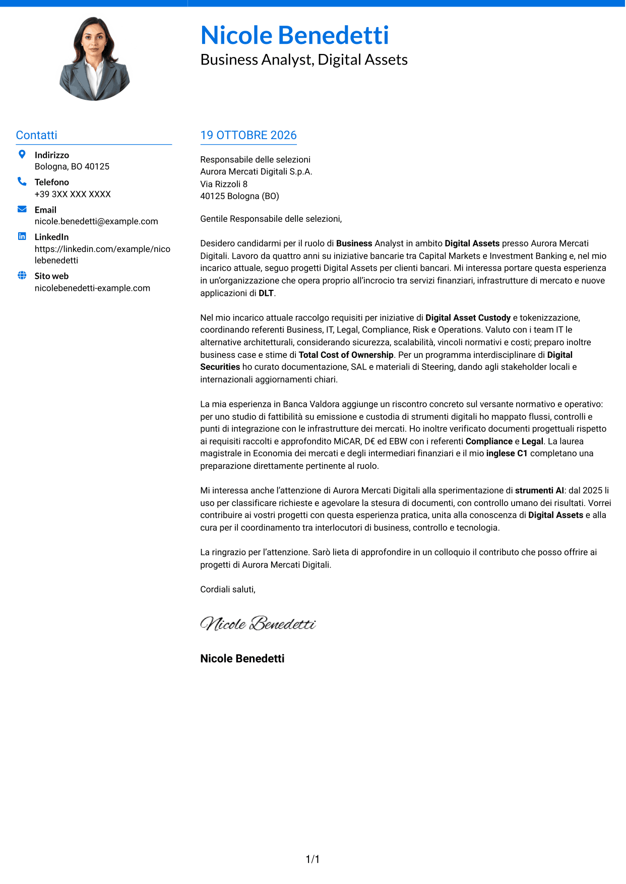 Lettera di presentazione Audace (formato a due colonne con accenti colorati e foto): Business Analyst - Progetti Digital Asset, pagina 1