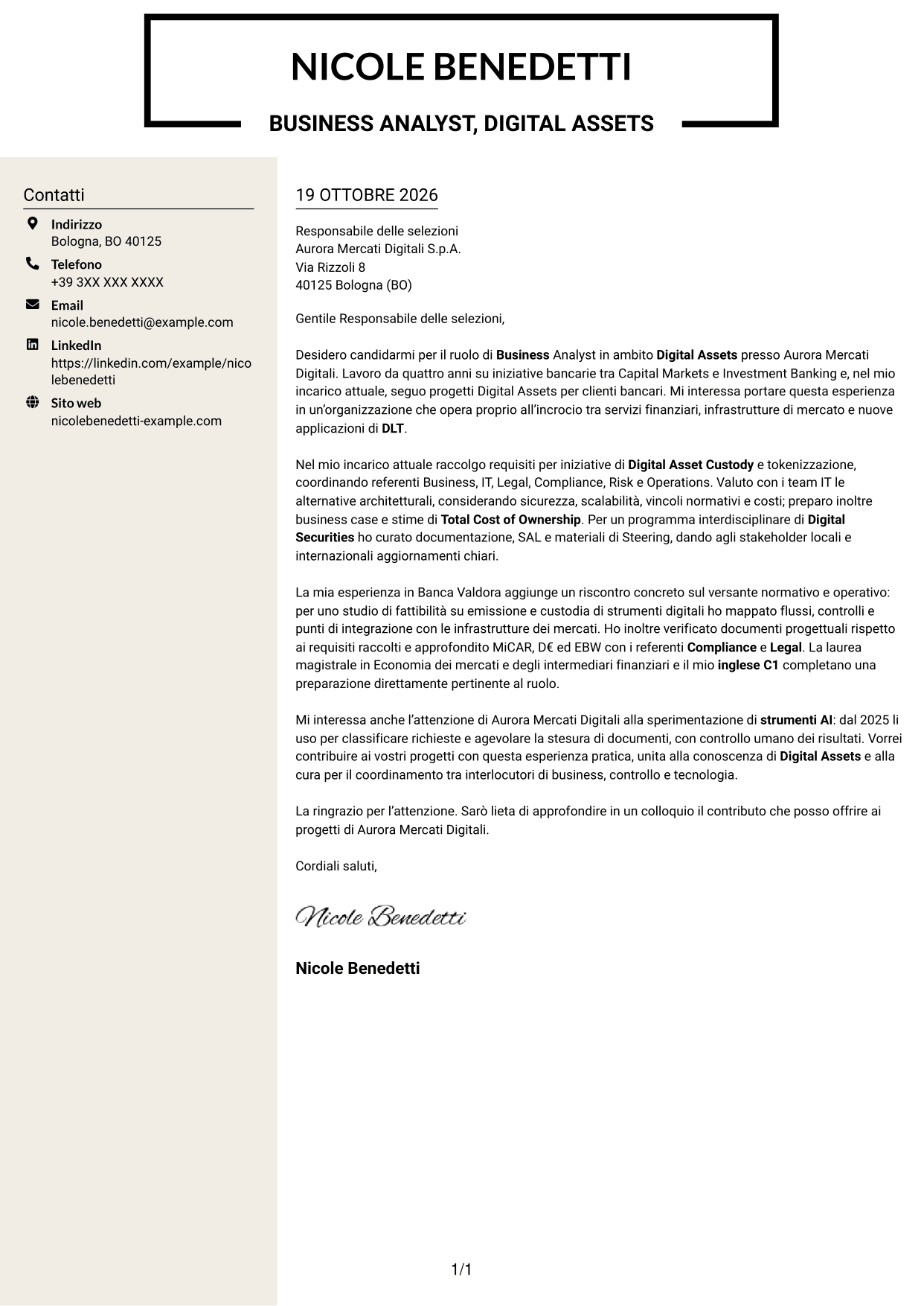 Lettera di presentazione Intraprendente (formato a due colonne con intestazione centrata senza foto): Business Analyst - Progetti Digital Asset, pagina 1