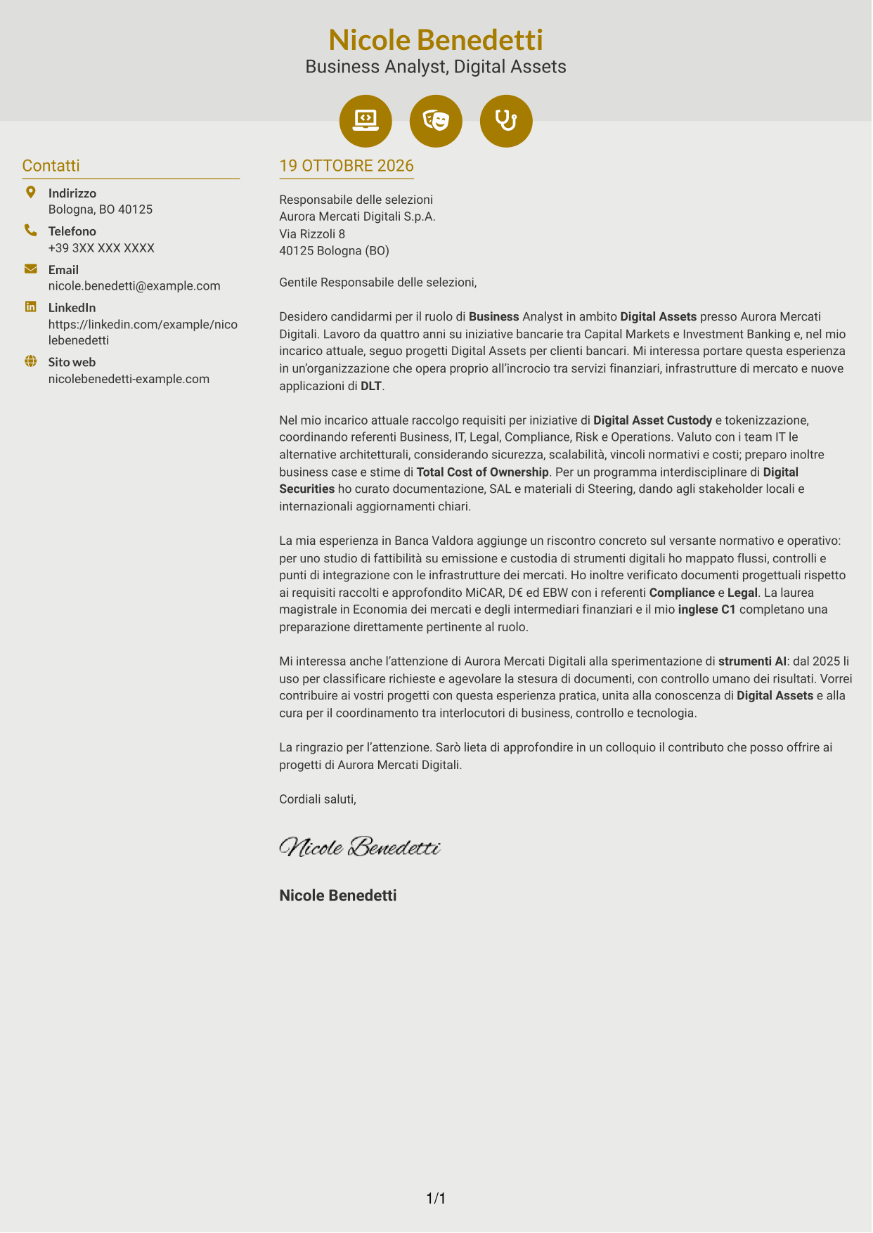 Lettera di presentazione Dinamico (formato a due colonne con icone): Business Analyst - Progetti Digital Asset, pagina 1