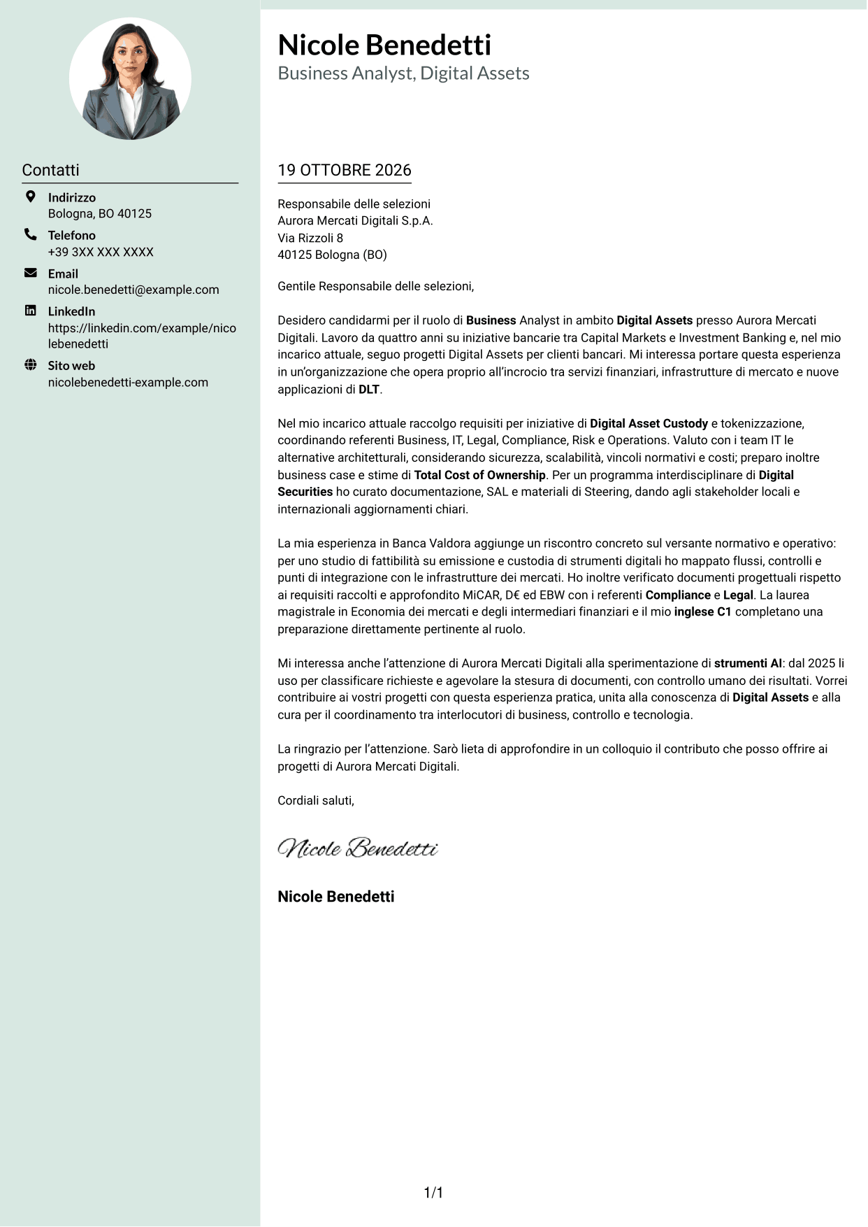 Lettera di presentazione Dirigente (formato con colonna laterale tenue e foto arrotondata): Business Analyst - Progetti Digital Asset, pagina 1
