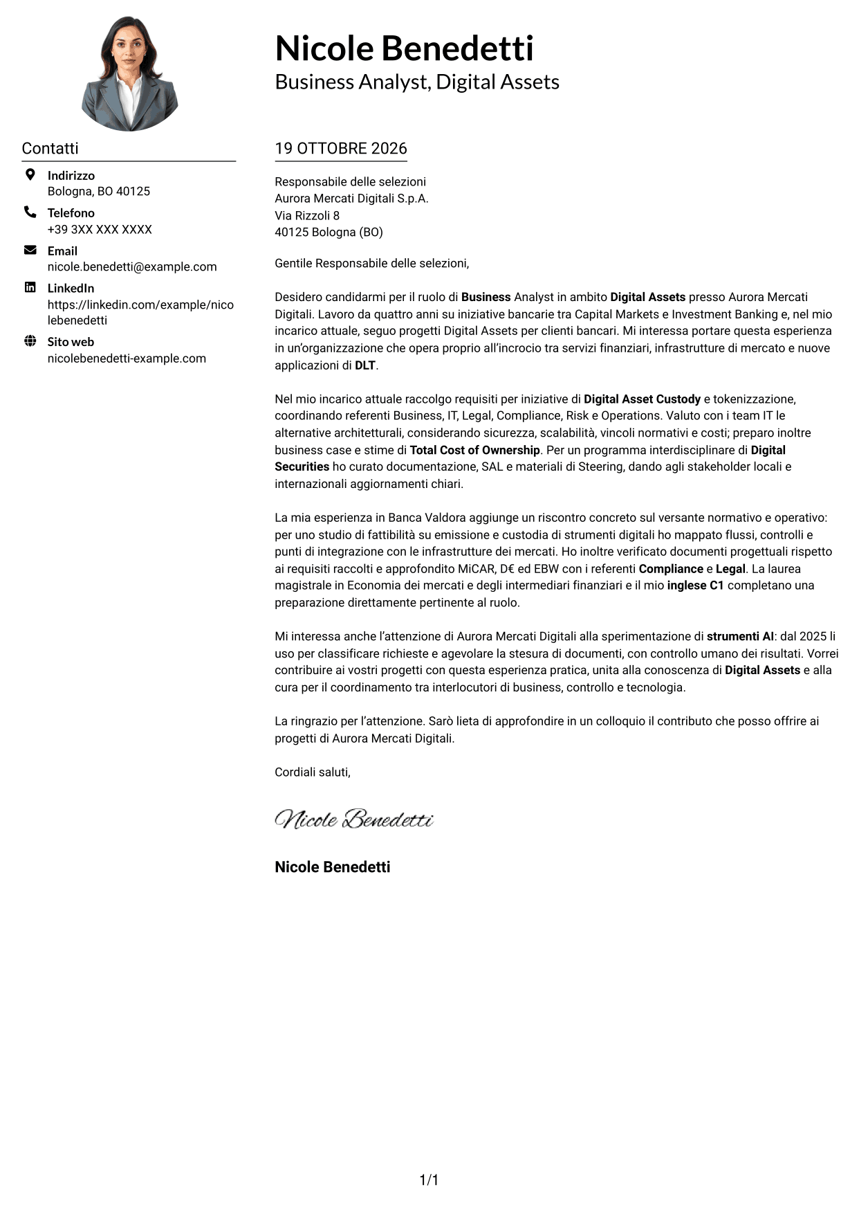 Esempio di lettera di presentazione — pagina 1