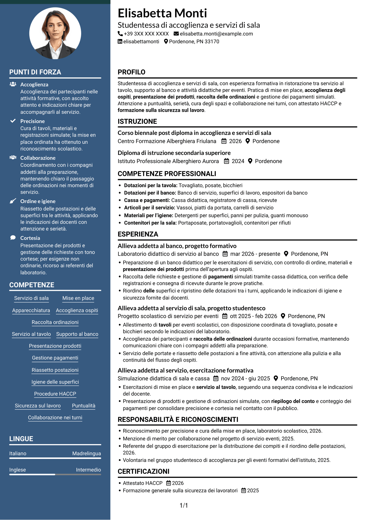 CV Elegante (formato con colonna laterale colorata e foto): Cameriere/a di sala e banconiere, pagina 1