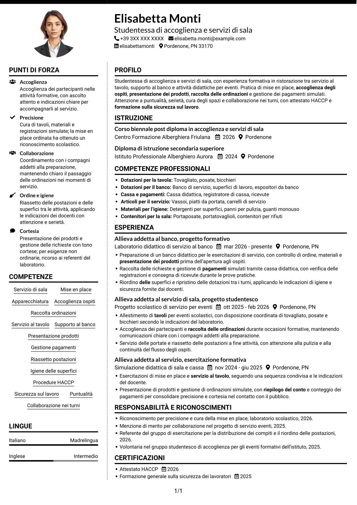 CV Moderno (formato a due colonne con foto a sinistra e separatore): Cameriere/a di sala e banconiere, pagina 1