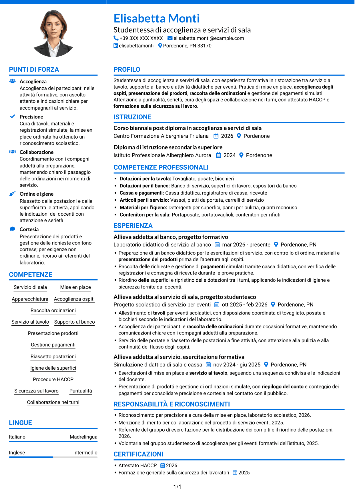 CV Audace (formato a due colonne con accenti colorati e foto): Cameriere/a di sala e banconiere, pagina 1