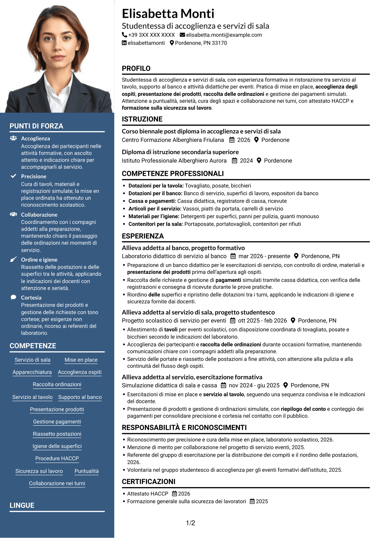 CV Signature (formato con colonna laterale colorata e foto grande): Cameriere/a di sala e banconiere, pagina 1