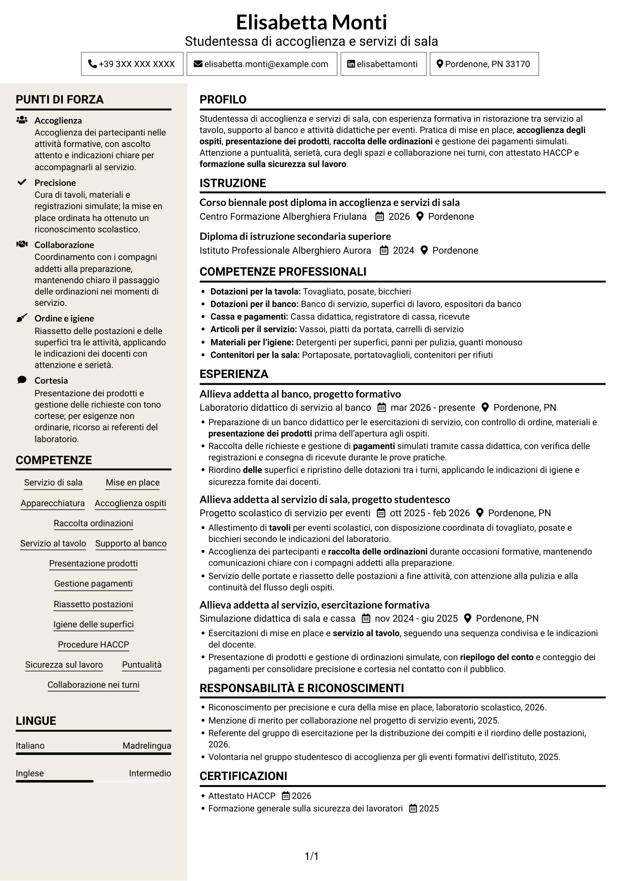 CV Intraprendente (formato a due colonne con intestazione centrata senza foto): Cameriere/a di sala e banconiere, pagina 1