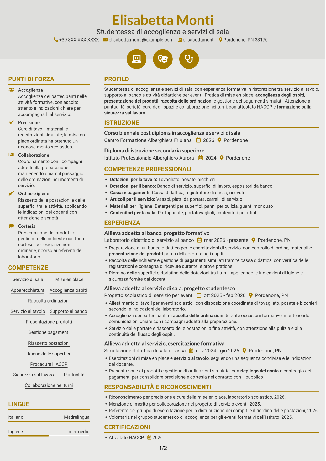 CV Dinamico (formato a due colonne con icone): Cameriere/a di sala e banconiere, pagina 1