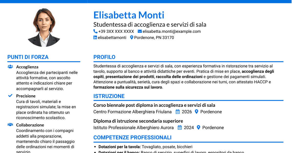 7 modelli di CV per Cameriere/a di sala e banconiere, con esempi