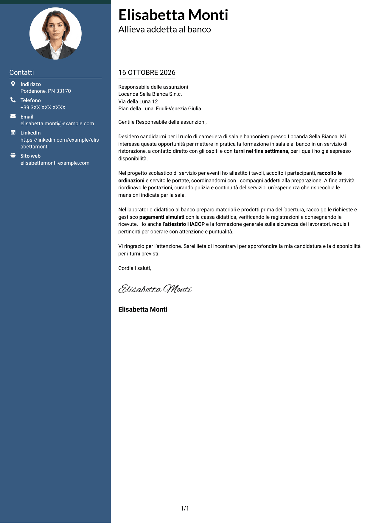 Lettera di presentazione Elegante (formato con colonna laterale colorata e foto): Cameriere/a di sala e banconiere, pagina 1