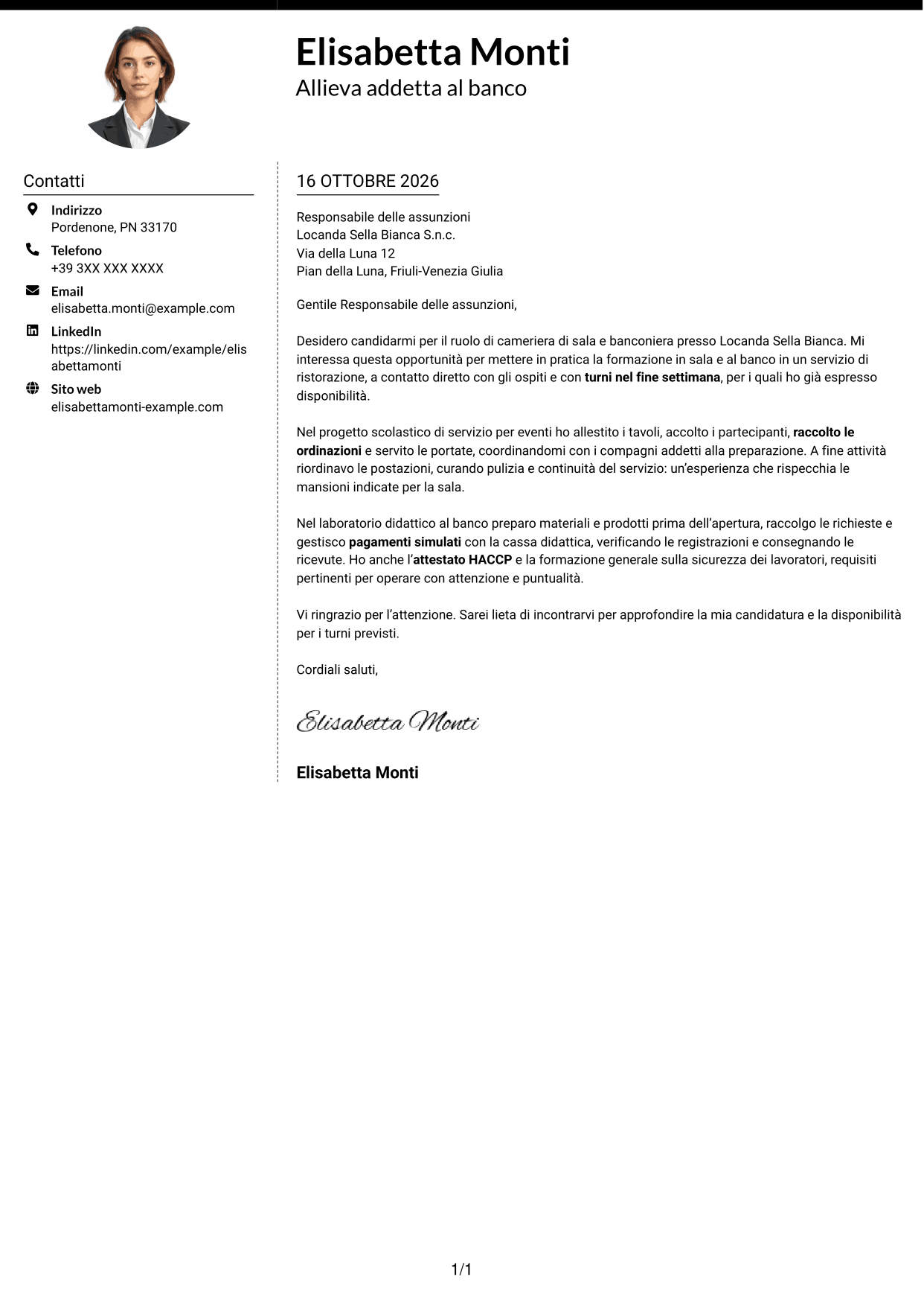 Lettera di presentazione Moderno (formato a due colonne con foto a sinistra e separatore): Cameriere/a di sala e banconiere, pagina 1