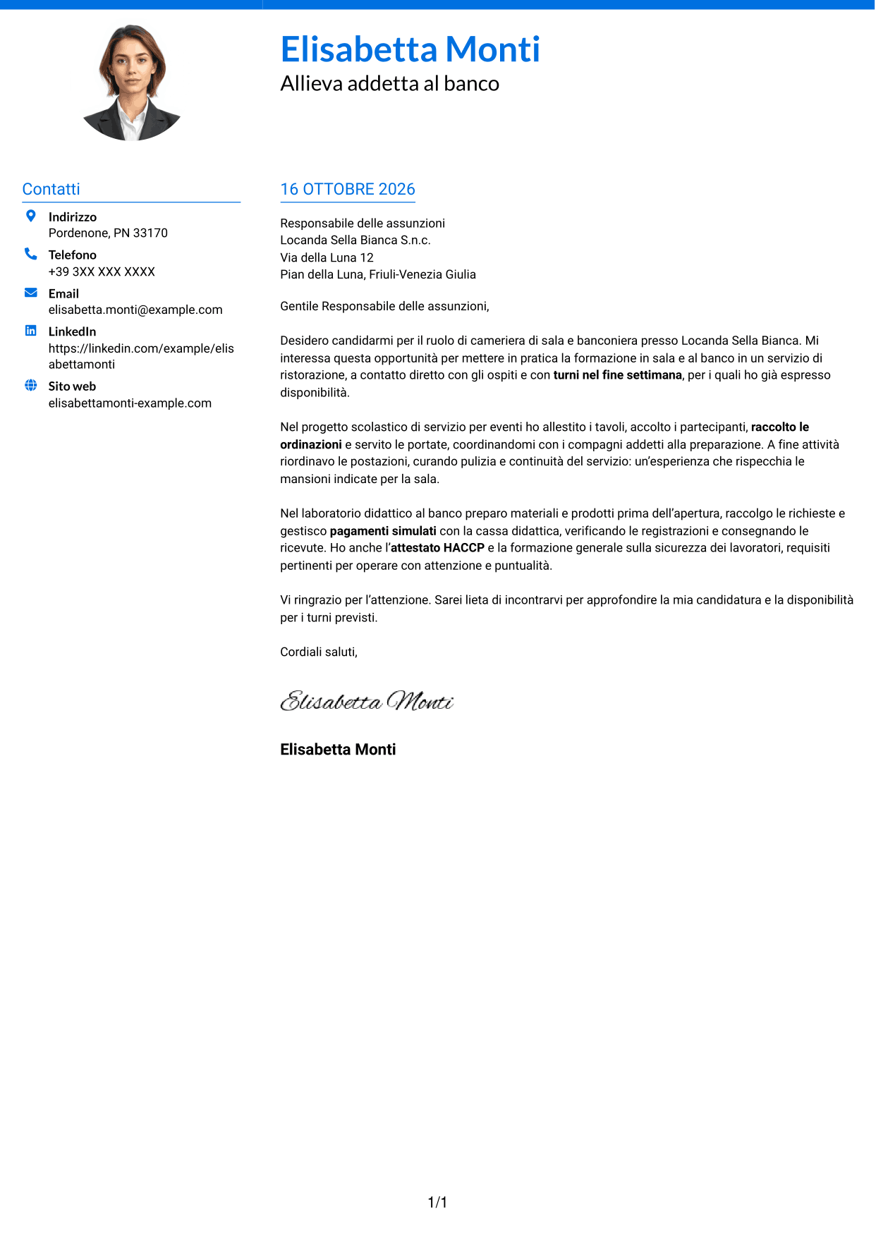 Lettera di presentazione Audace (formato a due colonne con accenti colorati e foto): Cameriere/a di sala e banconiere, pagina 1