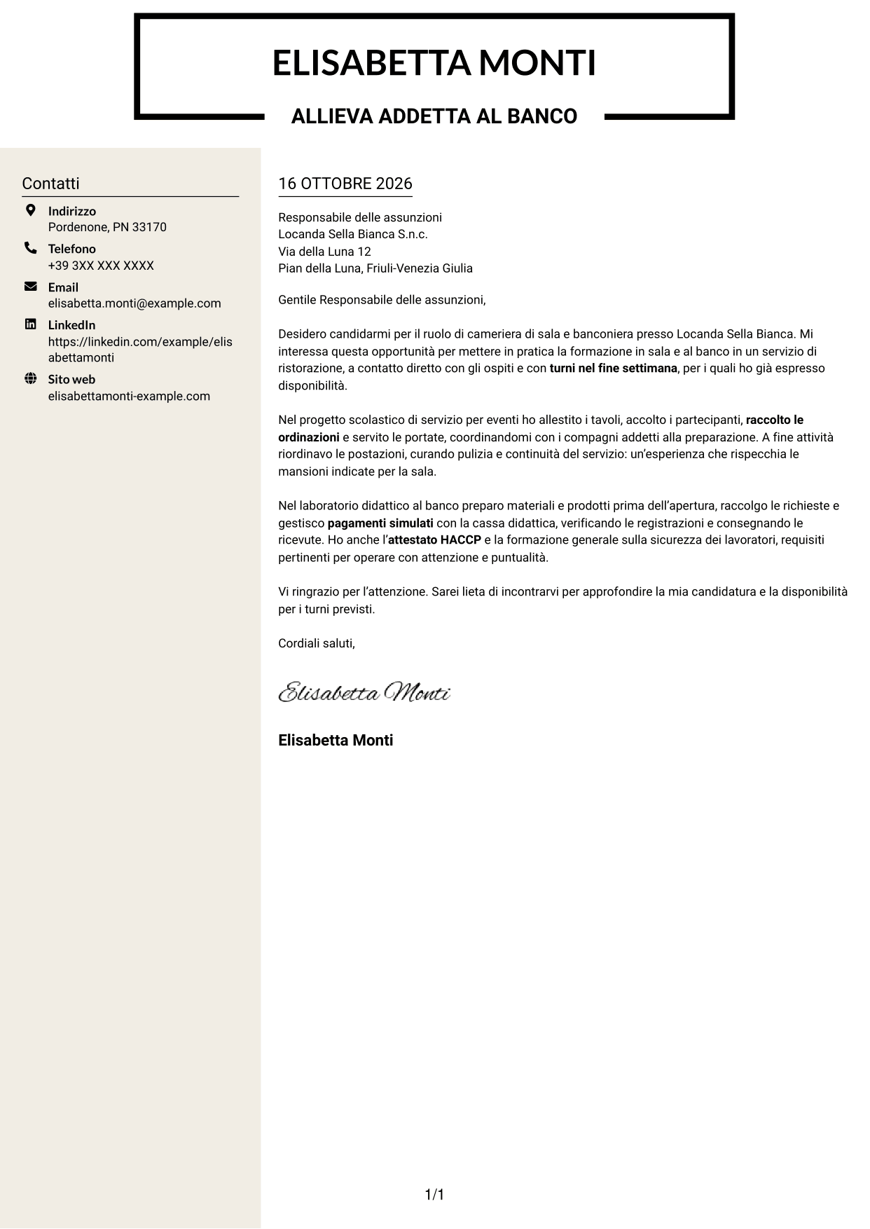 Lettera di presentazione Intraprendente (formato a due colonne con intestazione centrata senza foto): Cameriere/a di sala e banconiere, pagina 1