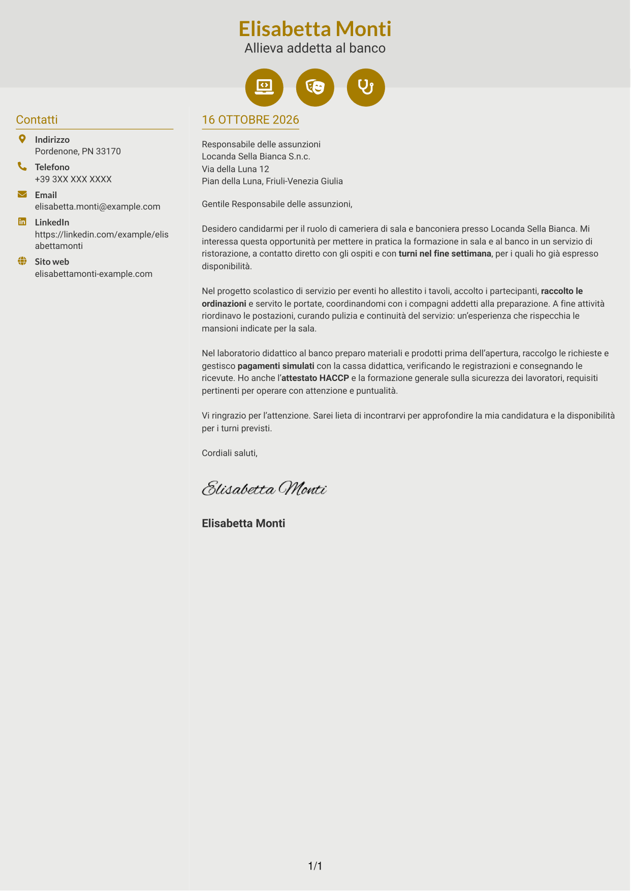Lettera di presentazione Dinamico (formato a due colonne con icone): Cameriere/a di sala e banconiere, pagina 1