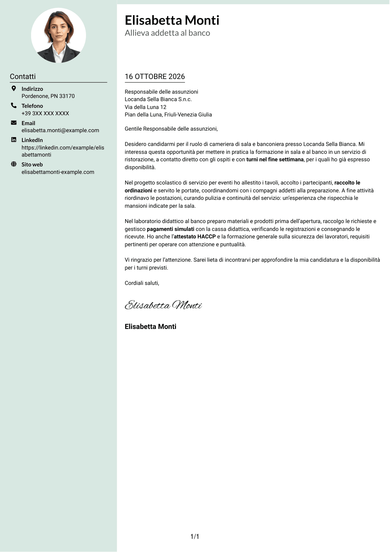 Lettera di presentazione Dirigente (formato con colonna laterale tenue e foto arrotondata): Cameriere/a di sala e banconiere, pagina 1