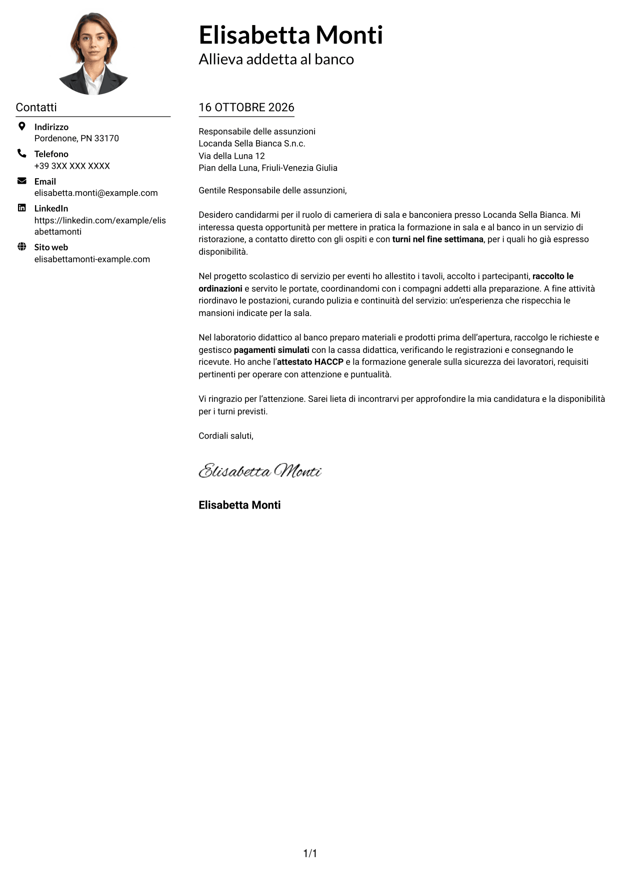 Esempio di lettera di presentazione — pagina 1