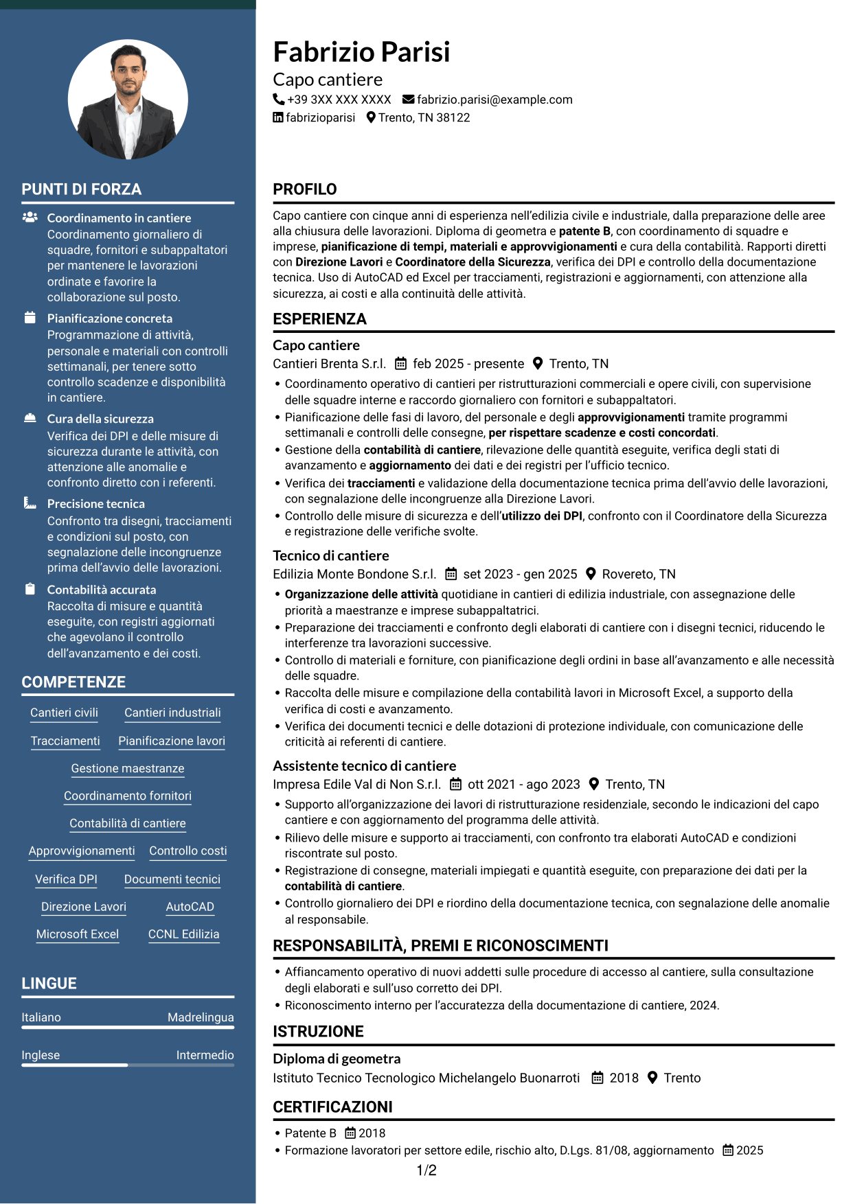 CV Elegante (formato con colonna laterale colorata e foto): Capo cantiere - Edilizia civile e industriale, pagina 1
