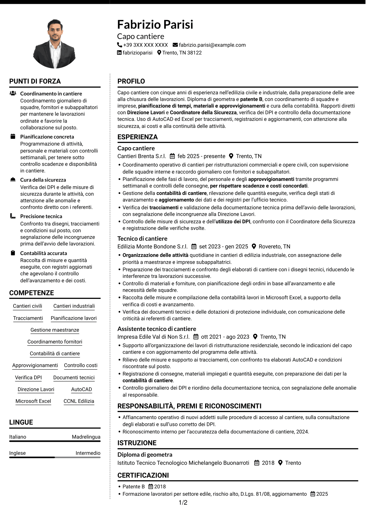 CV Moderno (formato a due colonne con foto a sinistra e separatore): Capo cantiere - Edilizia civile e industriale, pagina 1