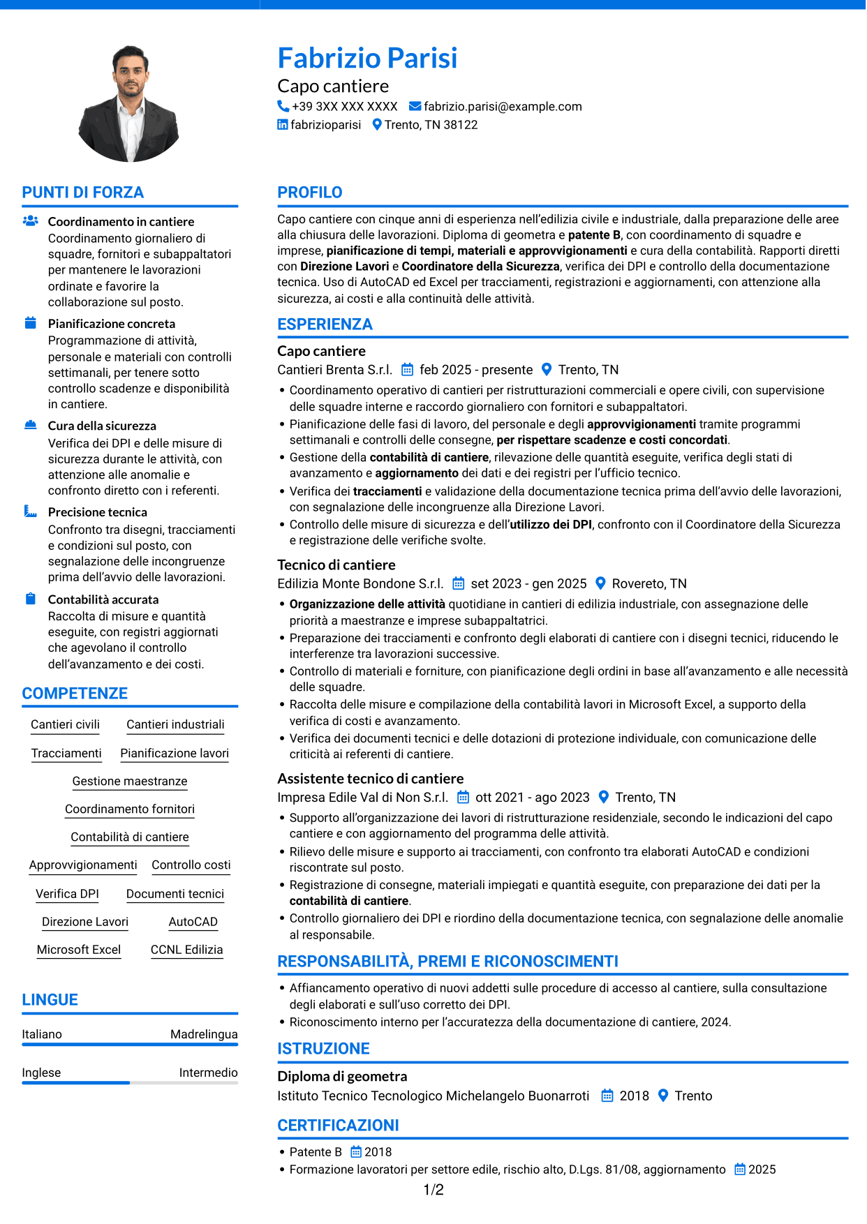 CV Audace (formato a due colonne con accenti colorati e foto): Capo cantiere - Edilizia civile e industriale, pagina 1