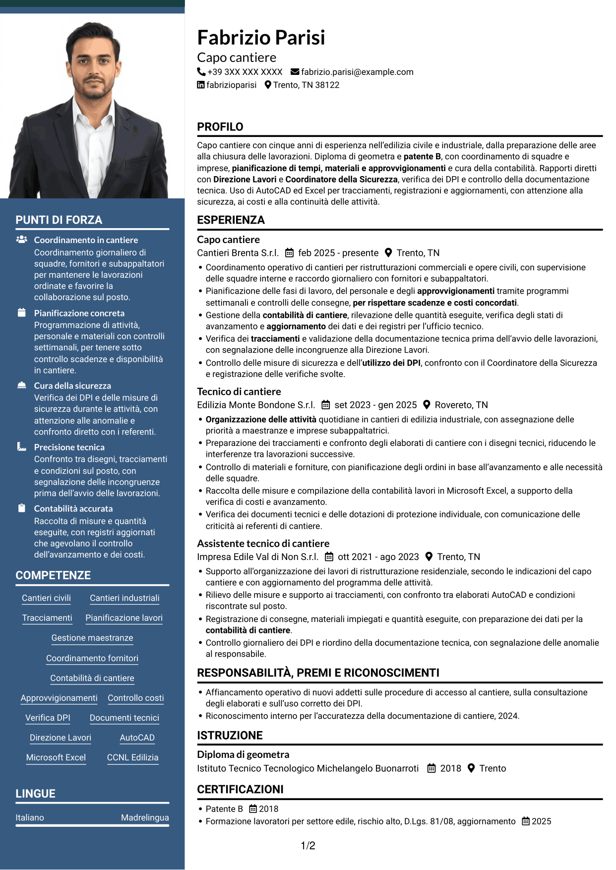 CV Signature (formato con colonna laterale colorata e foto grande): Capo cantiere - Edilizia civile e industriale, pagina 1