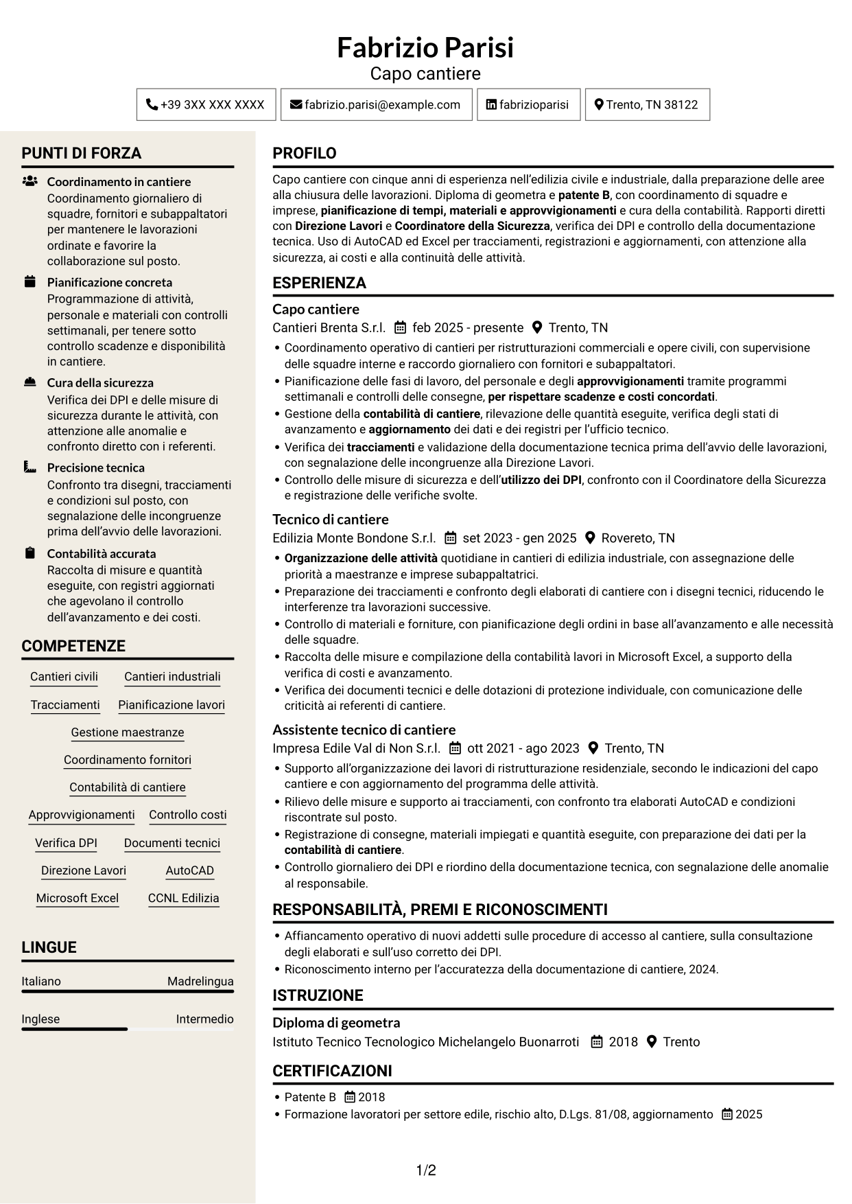 CV Intraprendente (formato a due colonne con intestazione centrata senza foto): Capo cantiere - Edilizia civile e industriale, pagina 1