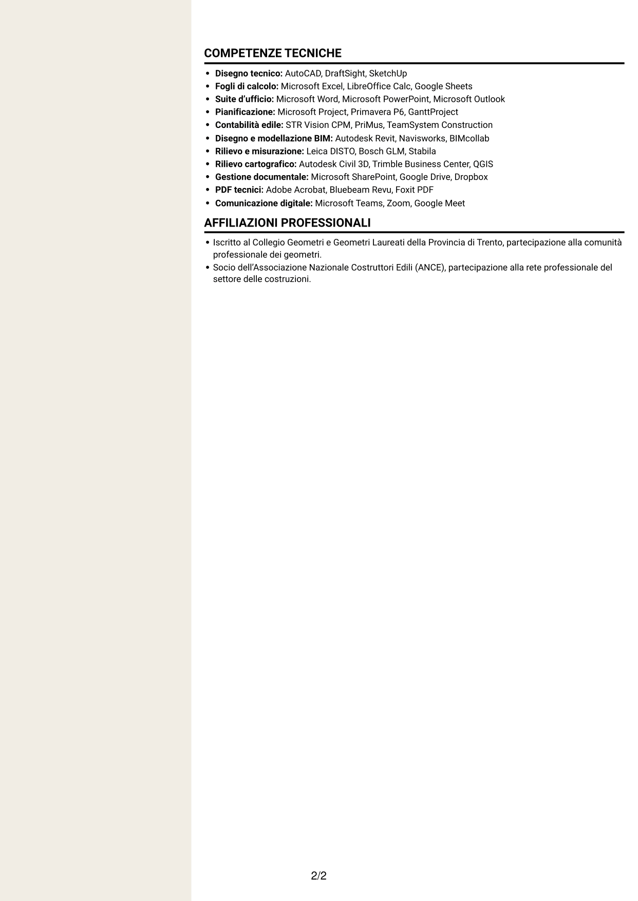 CV Intraprendente (formato a due colonne con intestazione centrata senza foto): Capo cantiere - Edilizia civile e industriale, pagina 2