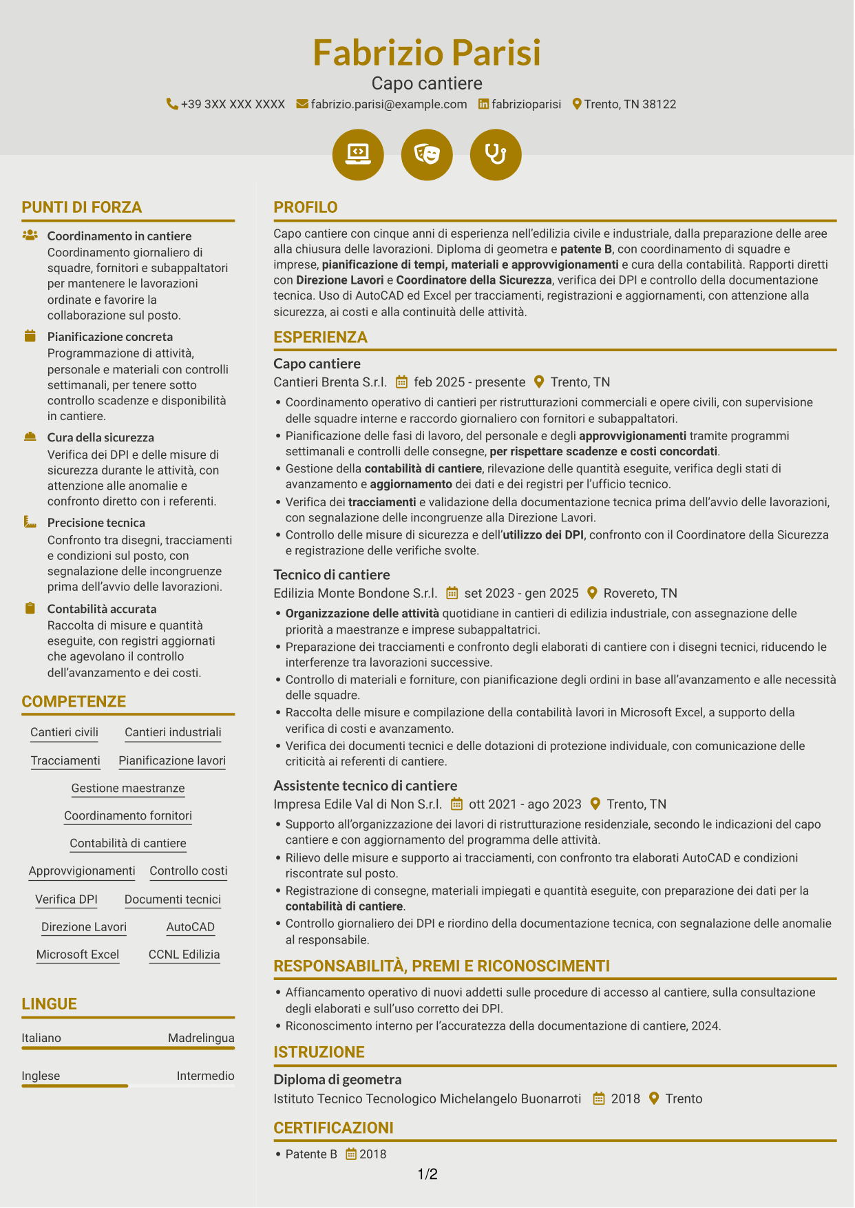 CV Dinamico (formato a due colonne con icone): Capo cantiere - Edilizia civile e industriale, pagina 1
