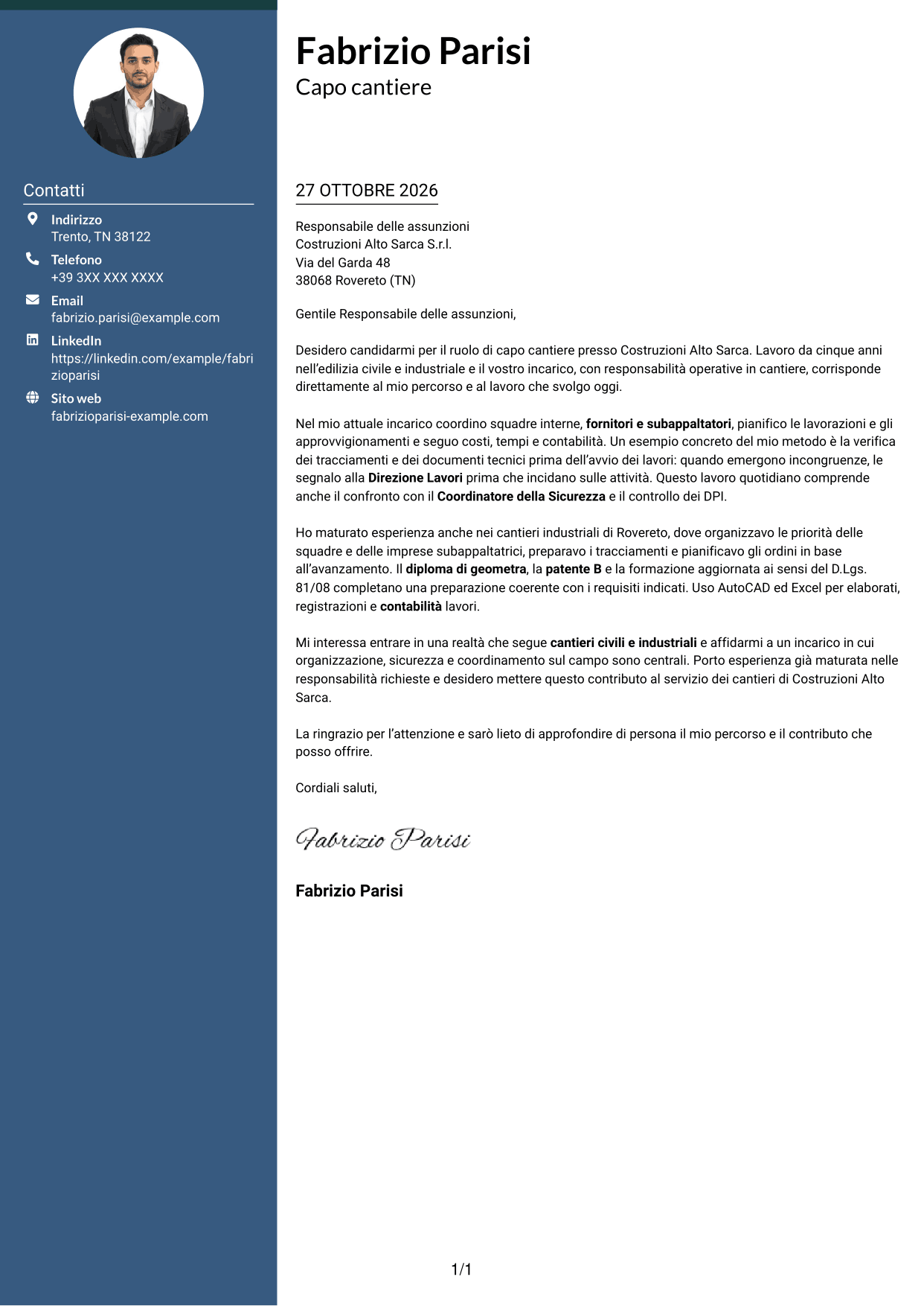Lettera di presentazione Elegante (formato con colonna laterale colorata e foto): Capo cantiere - Edilizia civile e industriale, pagina 1