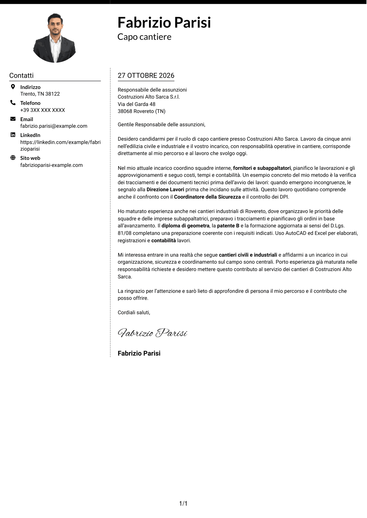 Lettera di presentazione Moderno (formato a due colonne con foto a sinistra e separatore): Capo cantiere - Edilizia civile e industriale, pagina 1