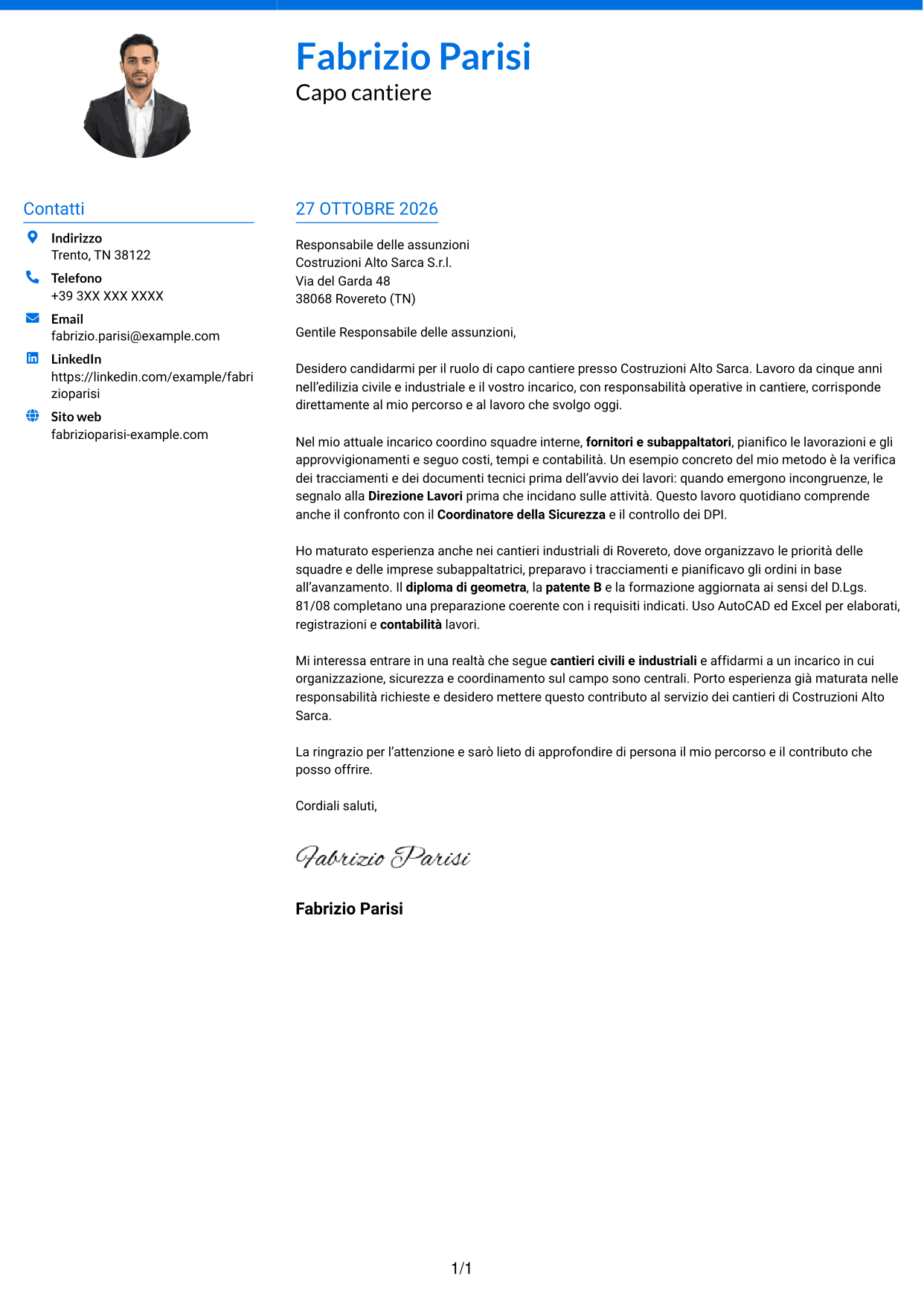 Lettera di presentazione Audace (formato a due colonne con accenti colorati e foto): Capo cantiere - Edilizia civile e industriale, pagina 1